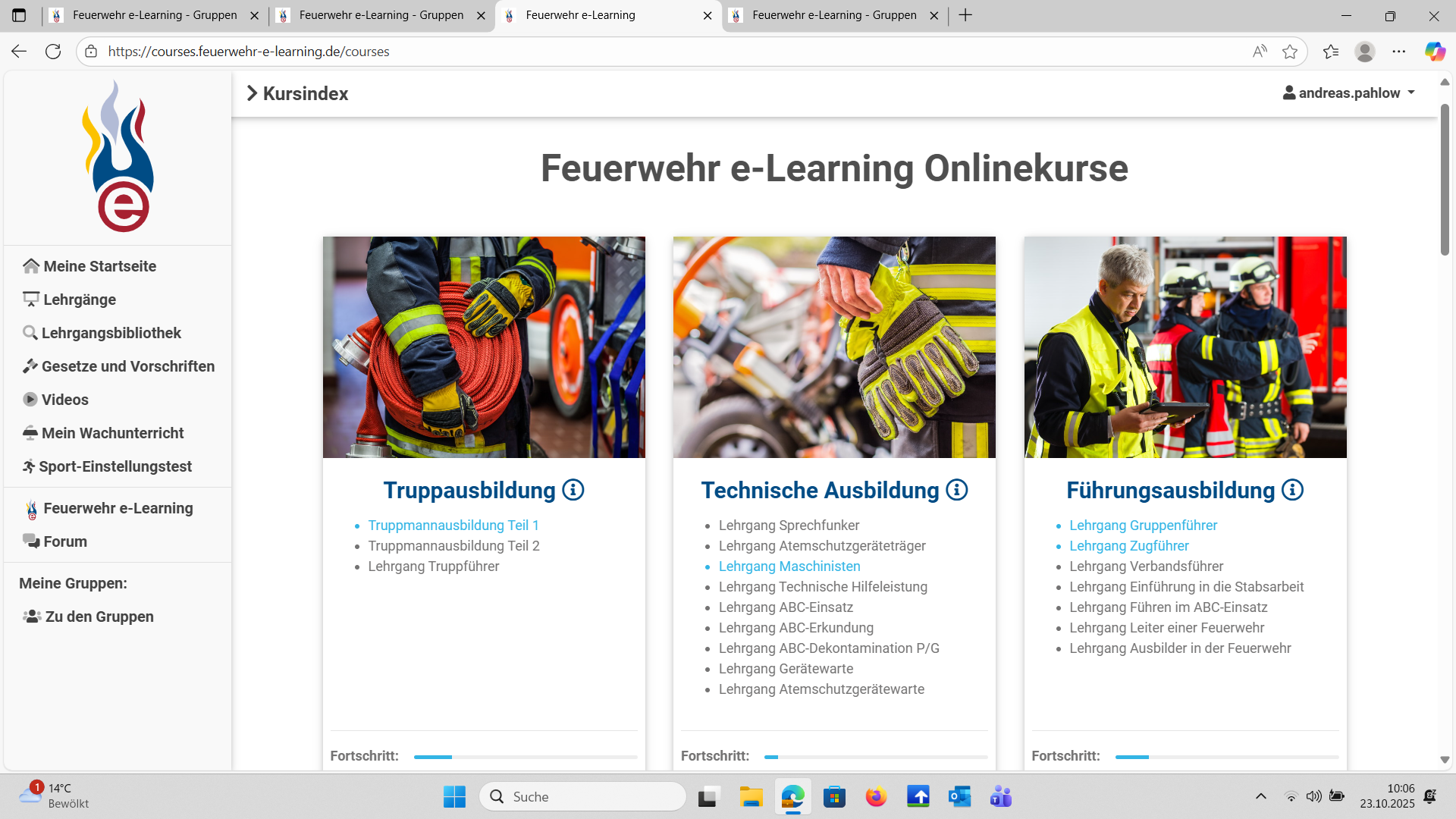 Das Foto zeigt die Startseite des Unternehmens Feuerwehr e-Learning, wie sie auf einem computerbildschirm angezeigt wird.