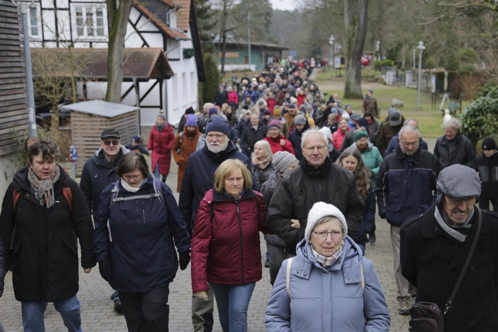 Das Foto zeigt eine Gruppe von Spaziergängern auf einem gepflasterten Weg, der sich vom Stechlinsee-Center entfernt Richtung Uferpromenade